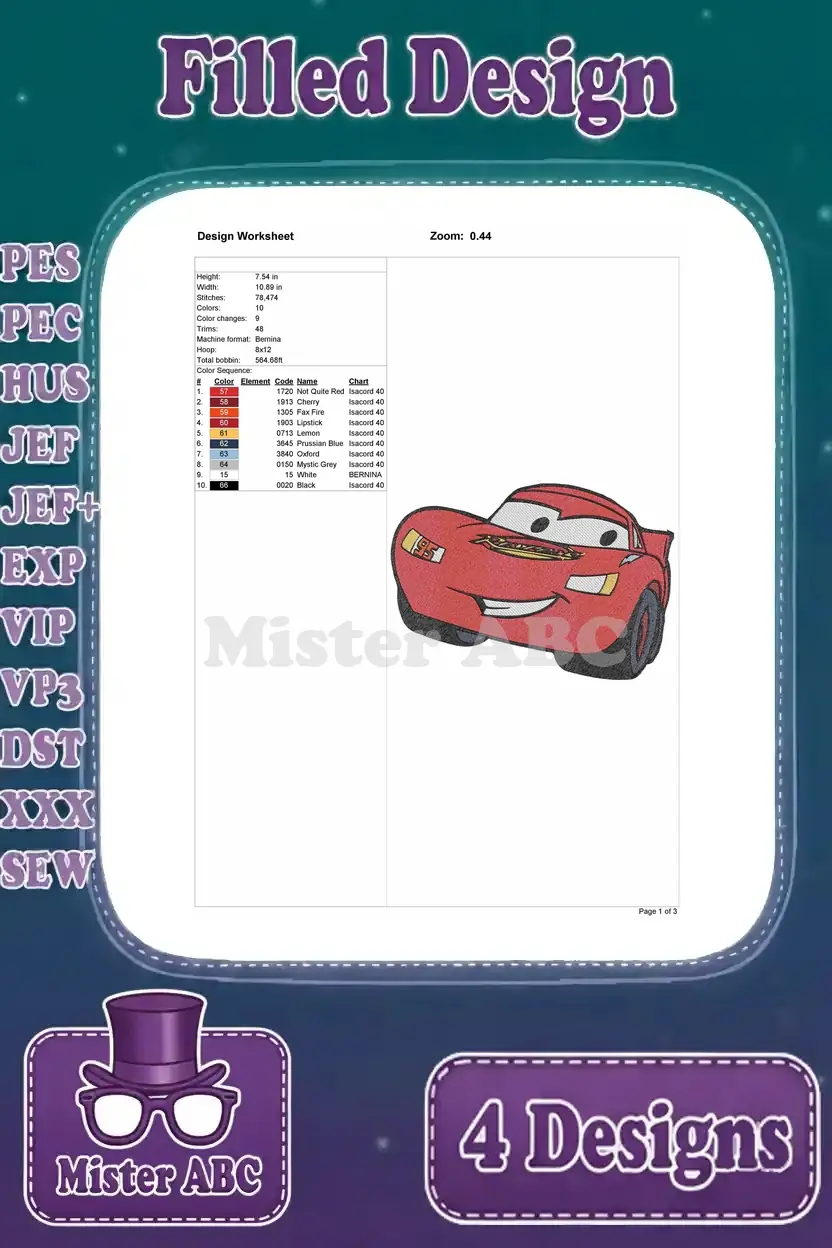 Detailed design worksheet for the second Lightning McQueen filled embroidery design, including dimensions and thread chart.