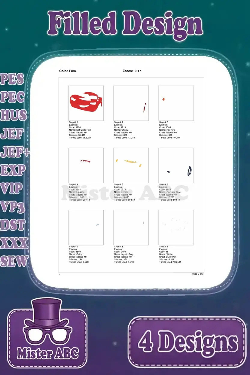 Color film breakdown for the second Lightning McQueen filled embroidery design, showing step-by-step stitching.