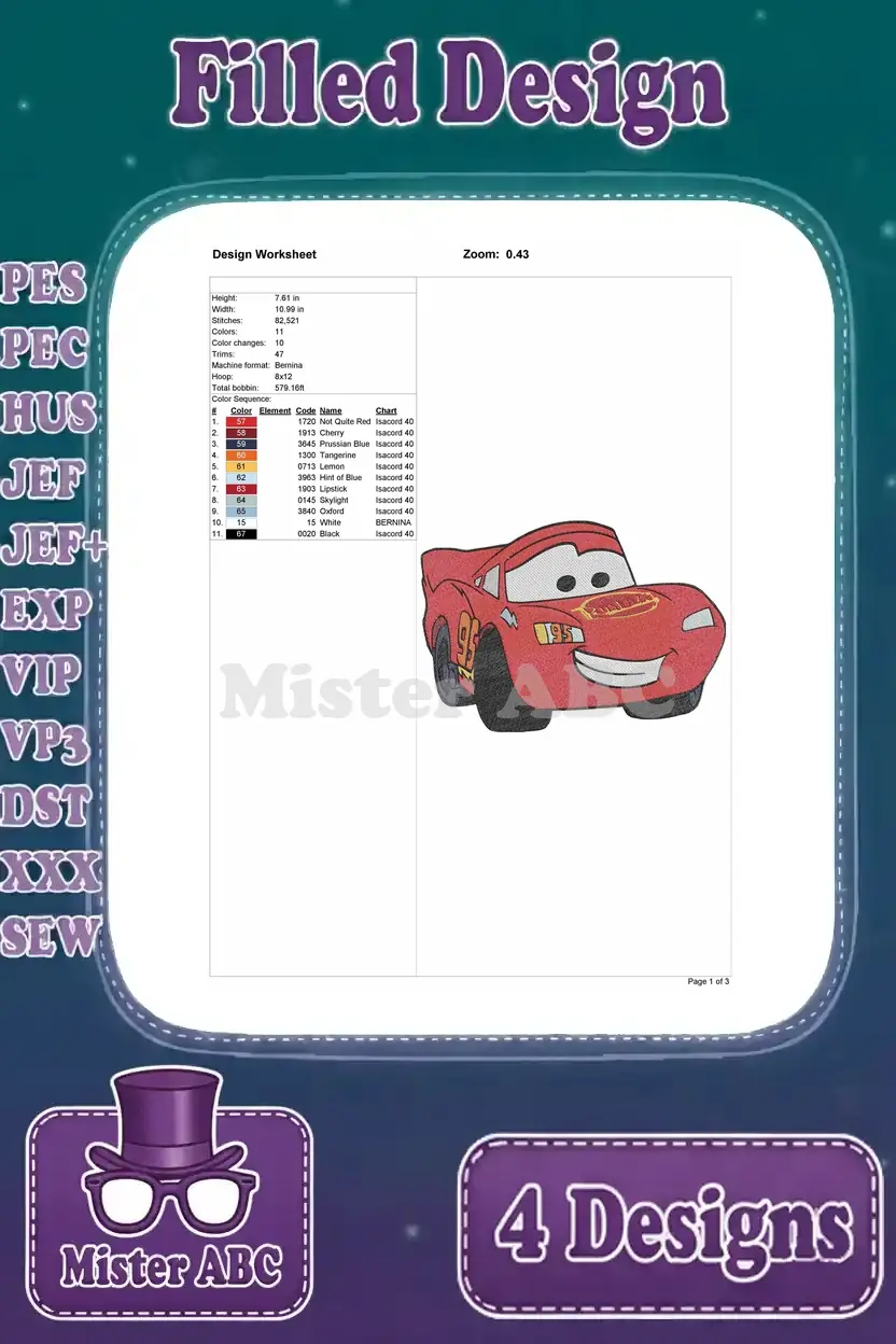 Design worksheet for the third Lightning McQueen filled embroidery design, showing '95' detail and stitch data.
