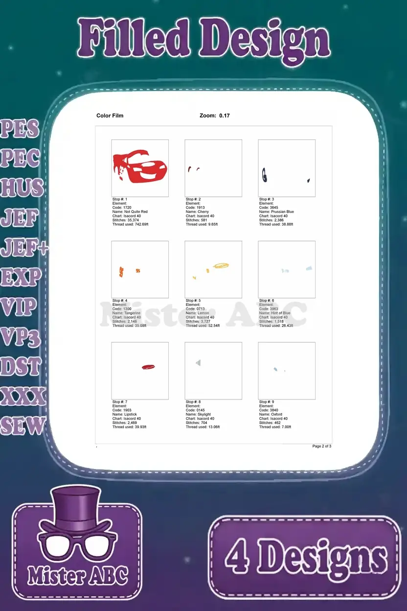 Color film breakdown for the third Lightning McQueen filled embroidery design, showing stitching sequence.