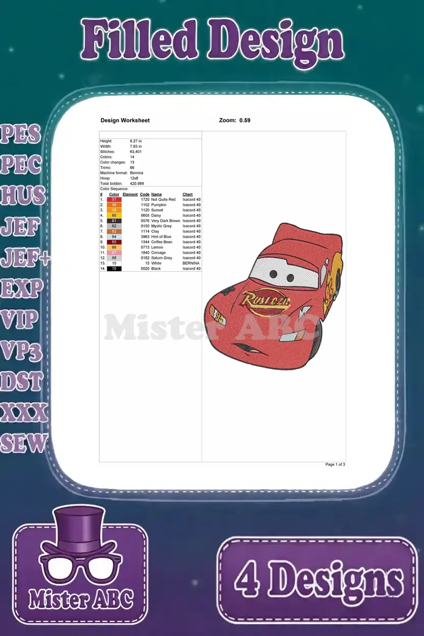 Detailed embroidery design worksheet for Lightning McQueen, showing stitch count, color sequence, and dimensions.