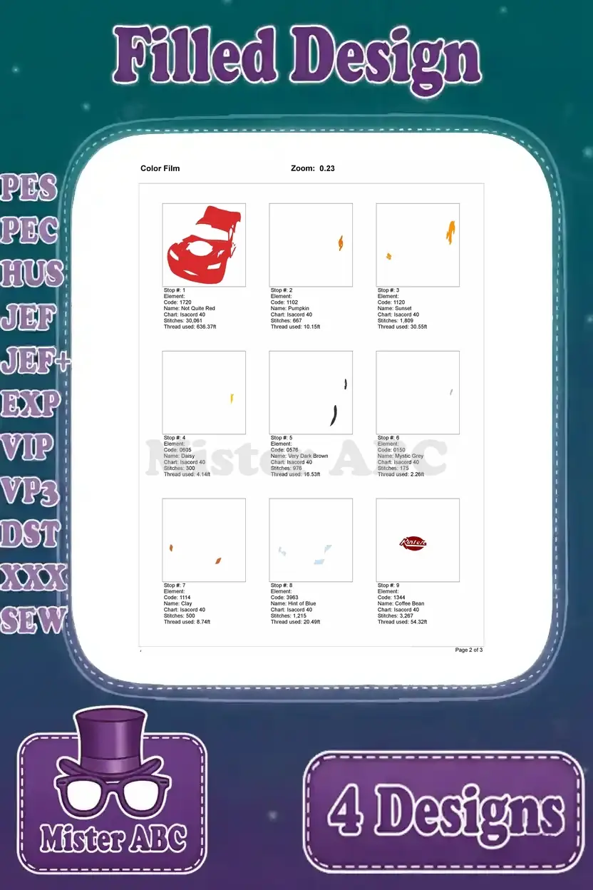 Color film breakdown for Lightning McQueen embroidery design, showing individual stitch elements and sequence.