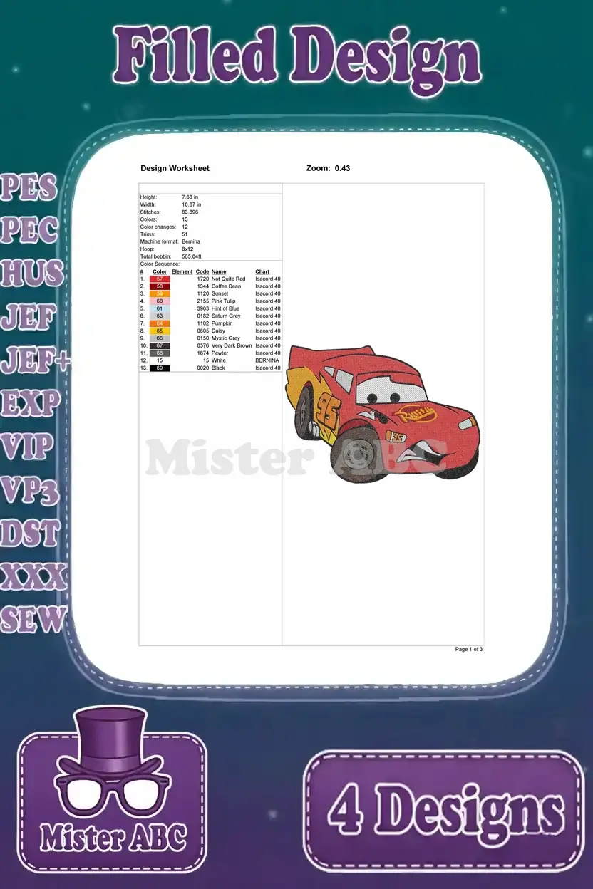 Detailed embroidery design worksheet for the second Lightning McQueen pose, with stitch count and color sequence.