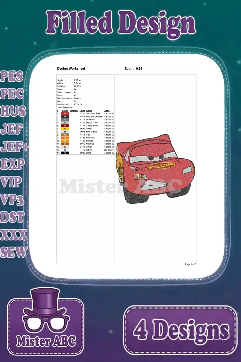 Embroidery design worksheet for the third Lightning McQueen pose, detailing stitch count, colors, and dimensions.
