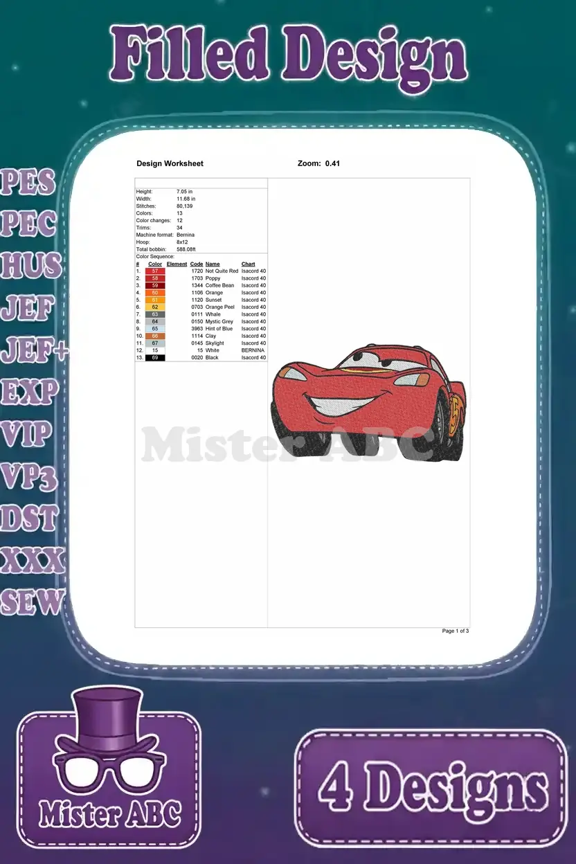 Embroidery design worksheet for the fourth Lightning McQueen pose, detailing stitch count, colors, and dimensions.