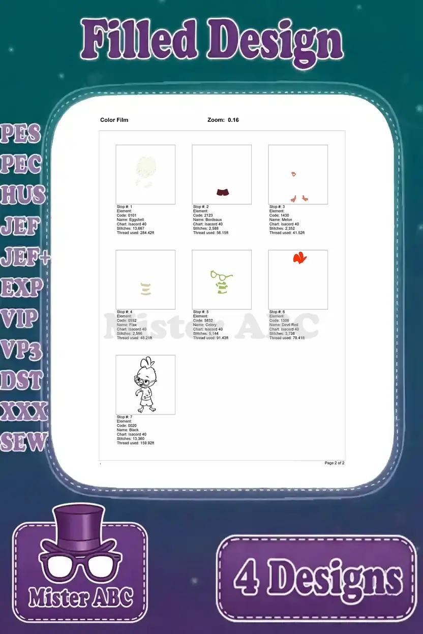 Color film breakdown illustrating the stitch order and thread changes for the standing Chicken Little embroidery design.