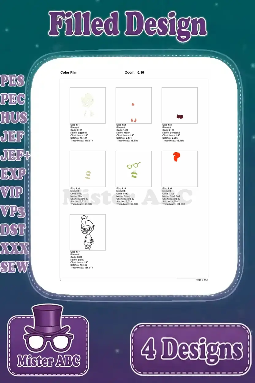 Color film breakdown illustrating the stitch order and thread changes for the Chicken Little looking right design.