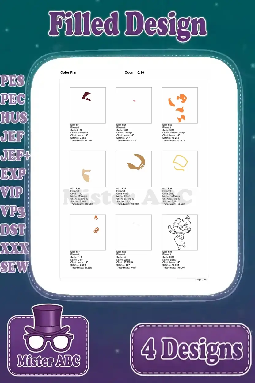 Color film breakdown illustrating the stitch order and thread changes for the Gil from Bubble Guppies waving design.