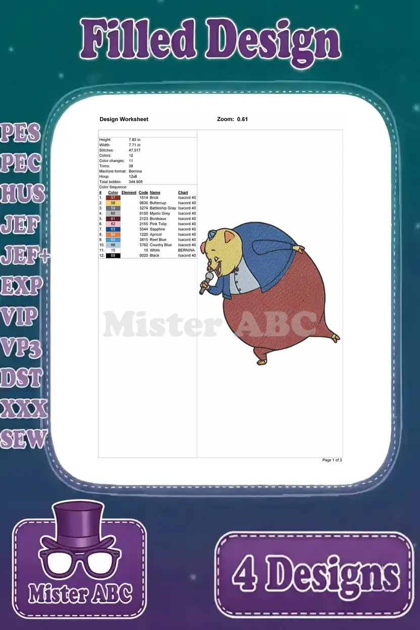 Design worksheet for the Foxy Loxy embroidery, showing stitch count, dimensions, color changes, and thread chart for precise crafting.
