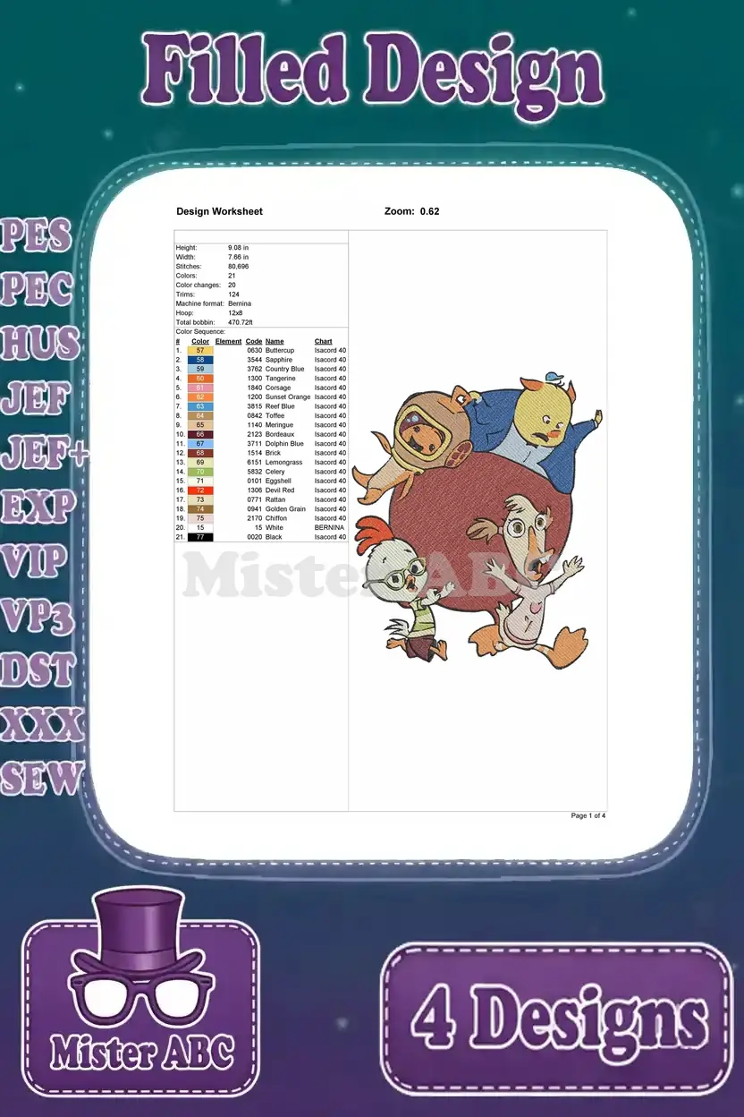 Color film for Foxy Loxy embroidery design, page three, showing the final color stops and design completion.