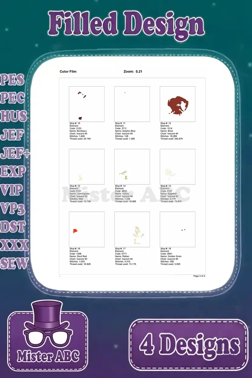 Color film for Chicken Little and friends running design, page one, showing initial color stops and thread layering.