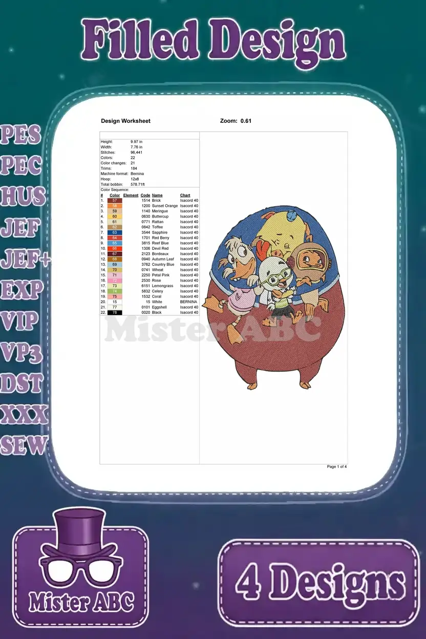 Color film for Chicken Little and friends running design, page three, outlining further color stops and details.