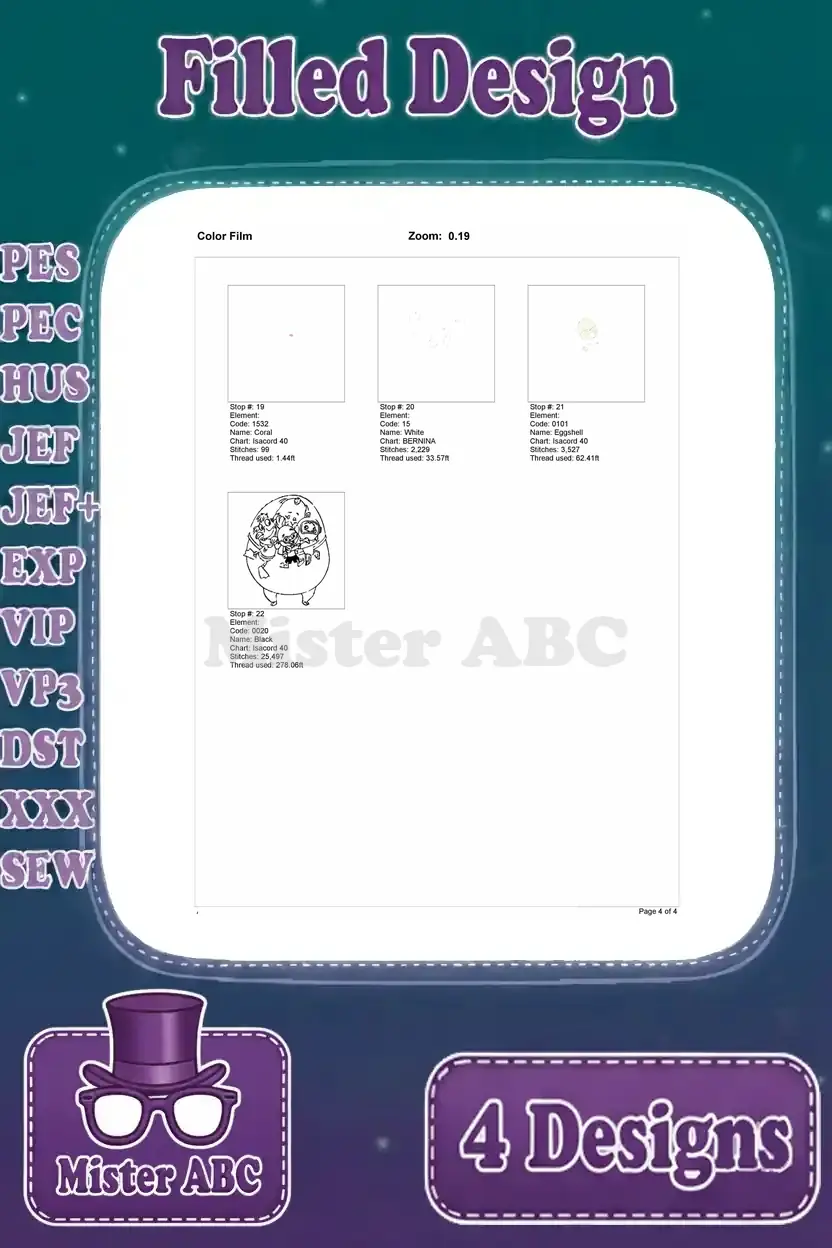 Color film for Chicken Little and friends cuddled design, page one, showing initial color stops and thread layering.
