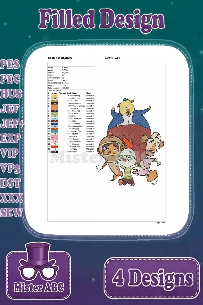 Color film for Chicken Little and friends cuddled design, page two, detailing intermediate color stops and layers.