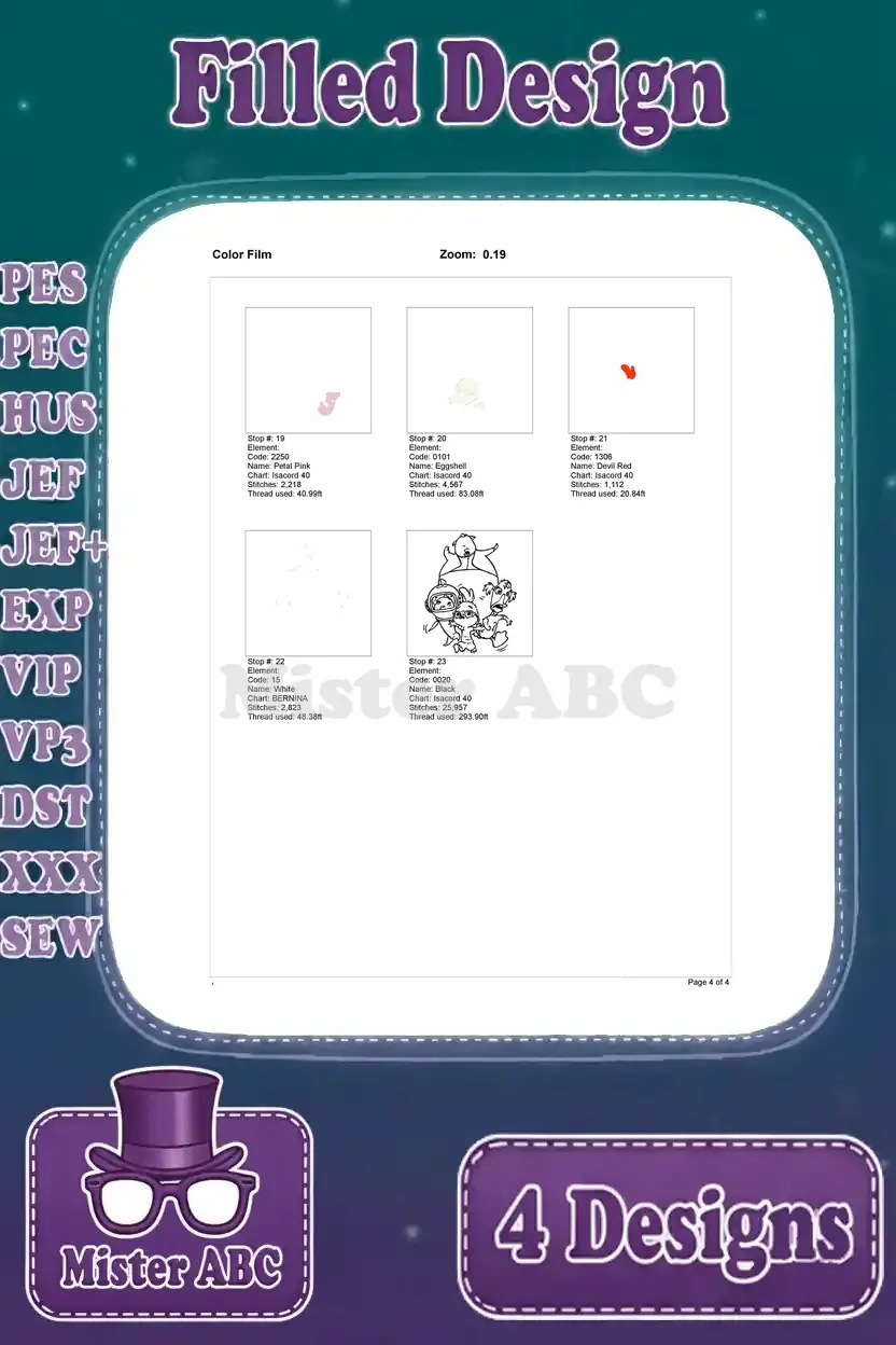 Design worksheet for Chicken Little, Abby, Runt, and Foxy Loxy group design (different running pose), with stitch details and color chart.