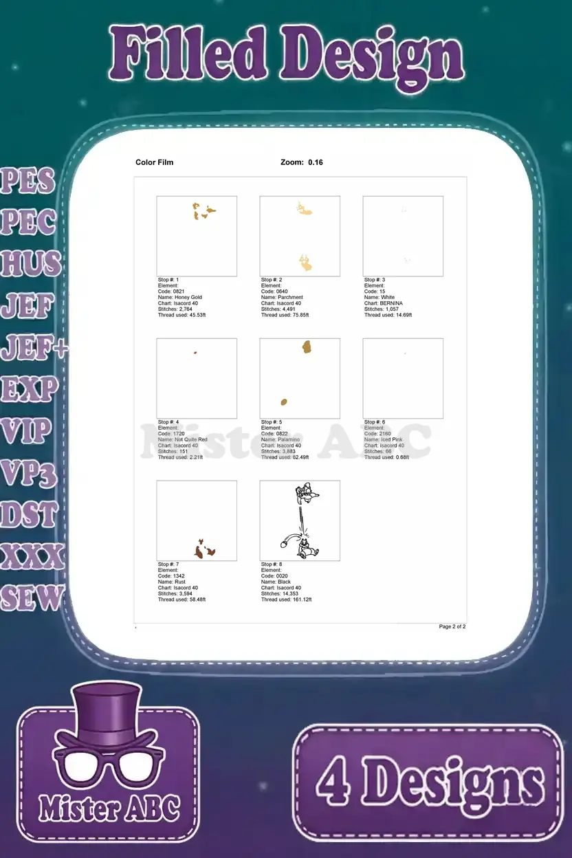 Color film breakdown for the Chip and Dale acorn-catching filled embroidery design, showing stitch sequence by color.