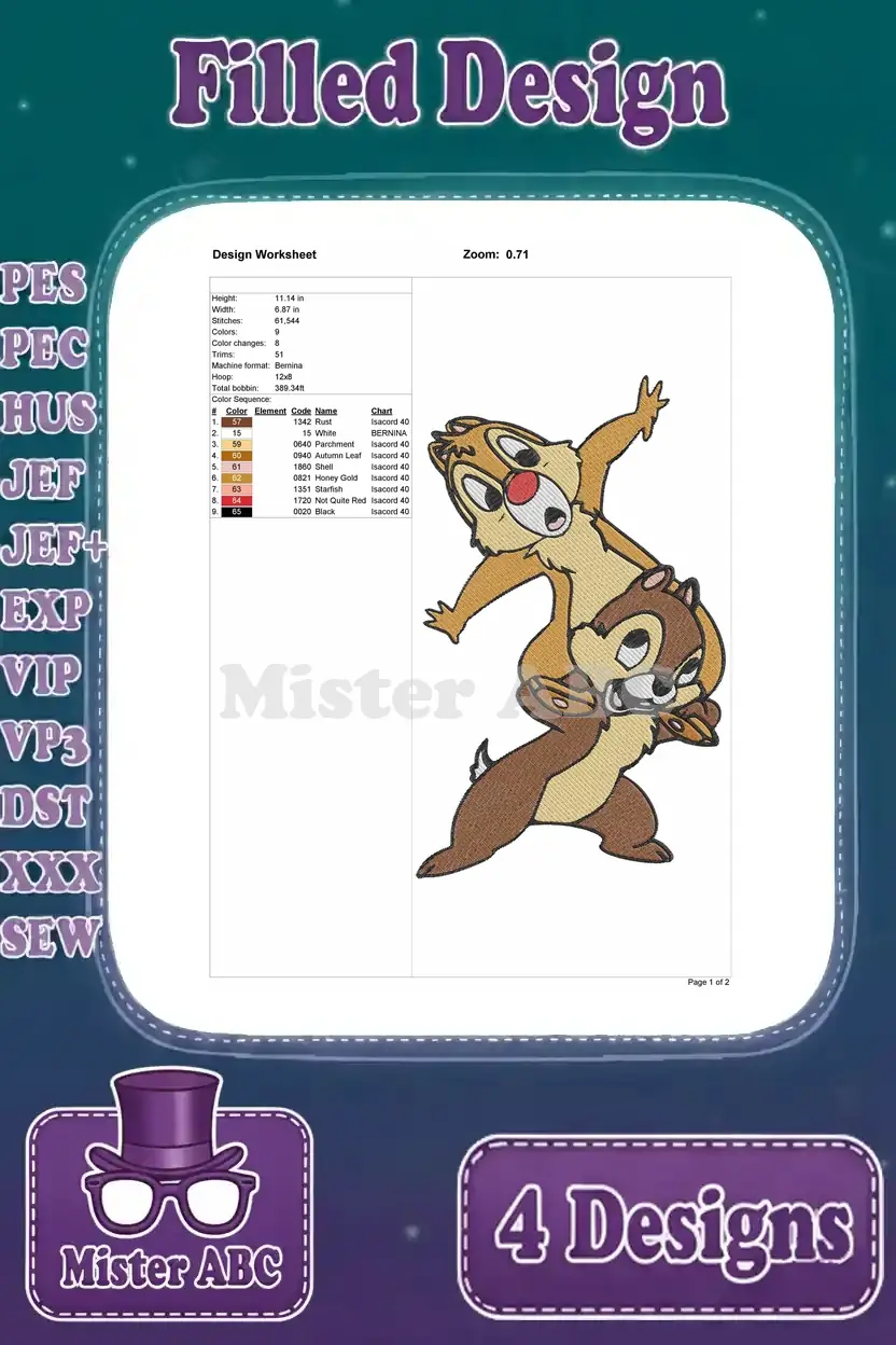 Design worksheet for a filled embroidery design featuring Chip and Dale stacked, showcasing dimensions and color palette.