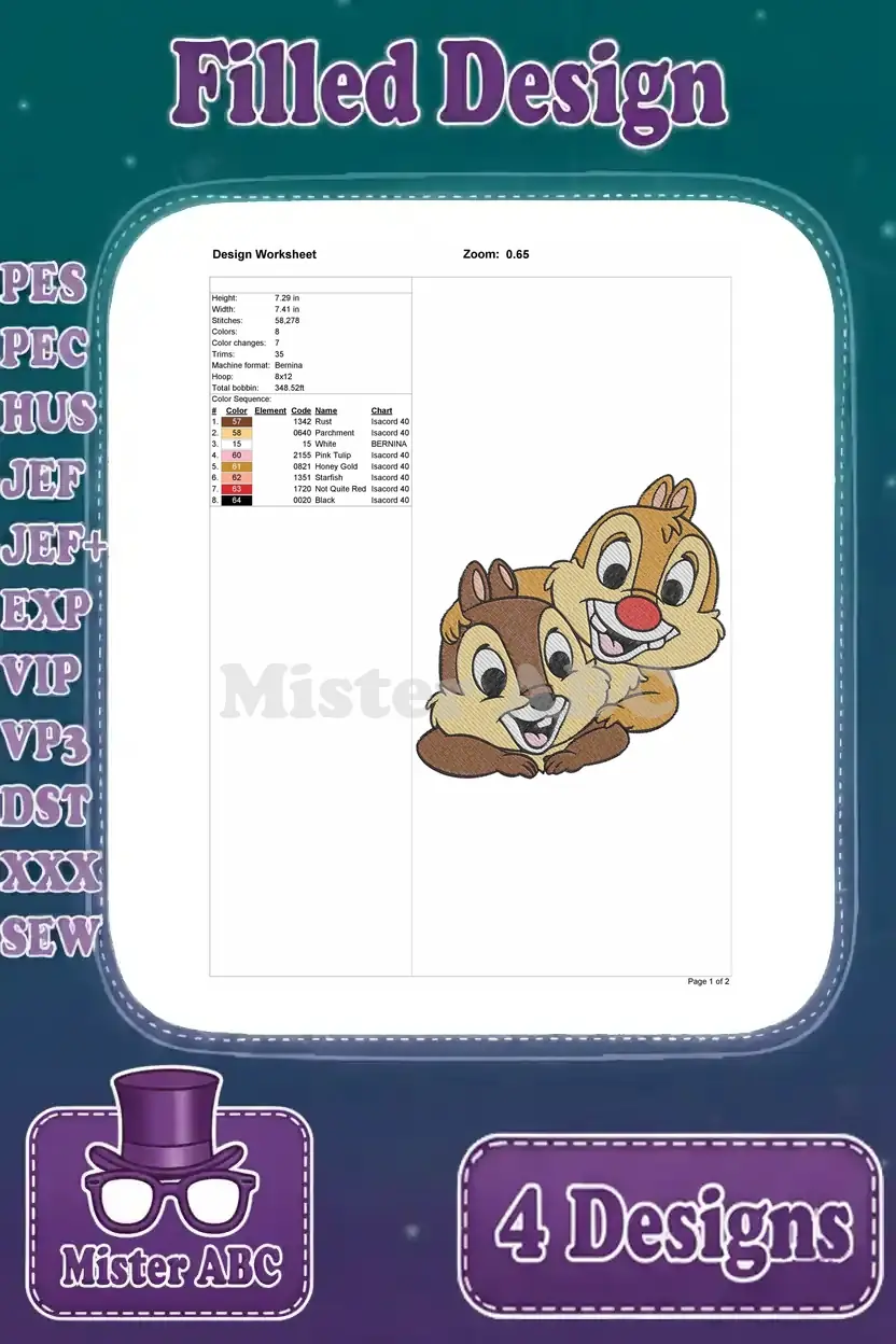 Design worksheet for a filled embroidery design of Chip and Dale cuddling, showing dimensions and thread details.