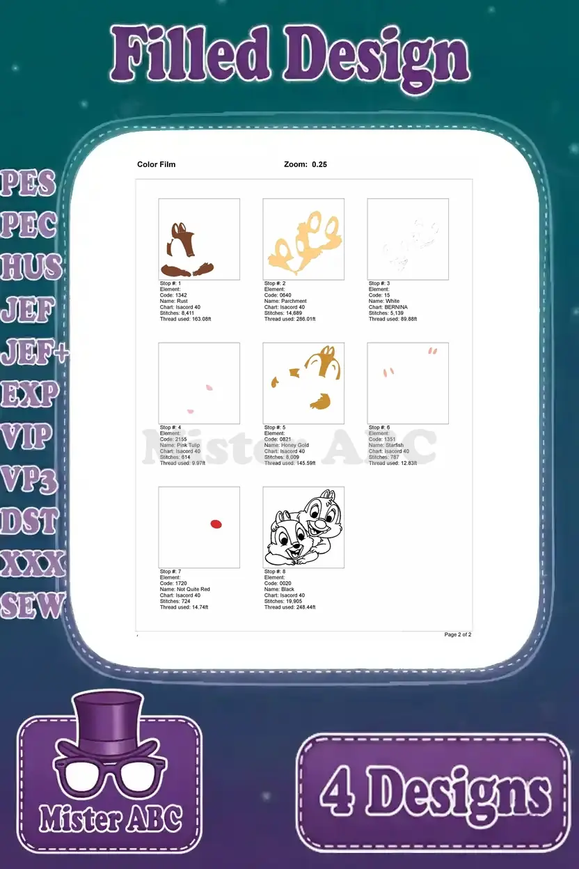 Color film for the cuddling Chip and Dale filled embroidery design, detailing the precise sequence of thread colors.