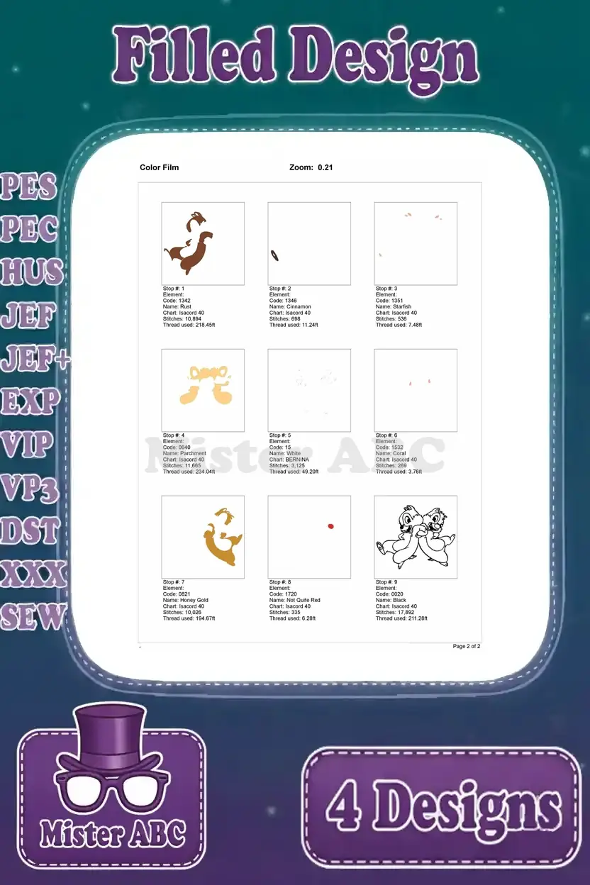 Color film showing the progressive stitch application for the second Chip 'n Dale filled embroidery design.