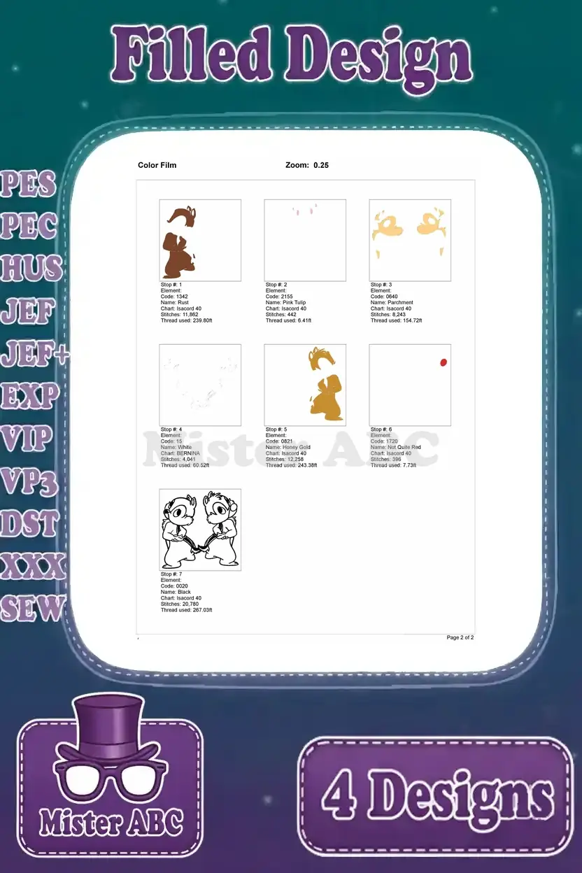 Color film illustrating the stitch progression for the third Chip 'n Dale filled embroidery design.