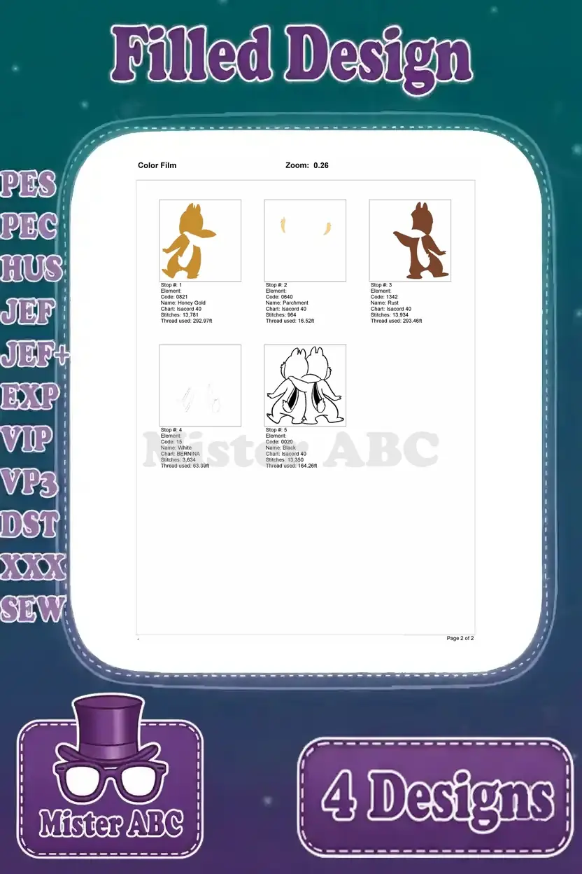 Color film breakdown for the Chip and Dale back embrace embroidery design, showing each stitch layer.