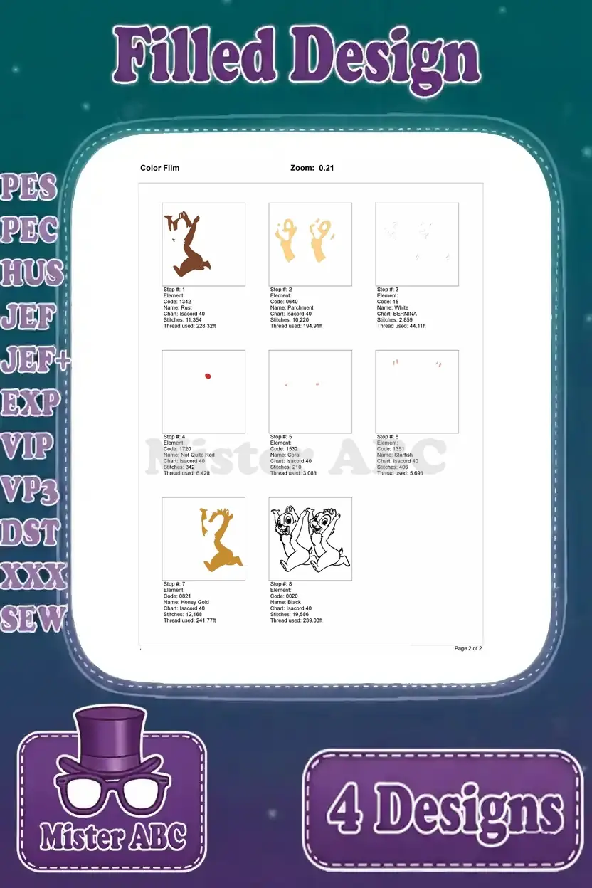 Color film breakdown for the Chip and Dale cheering/high-fiving embroidery design, showing each stitch layer.