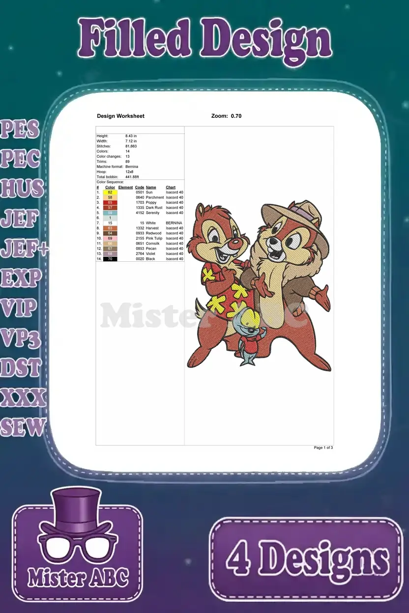Detailed design worksheet for the first Chip and Dale embroidery, showing stitch count, colors, and dimensions.