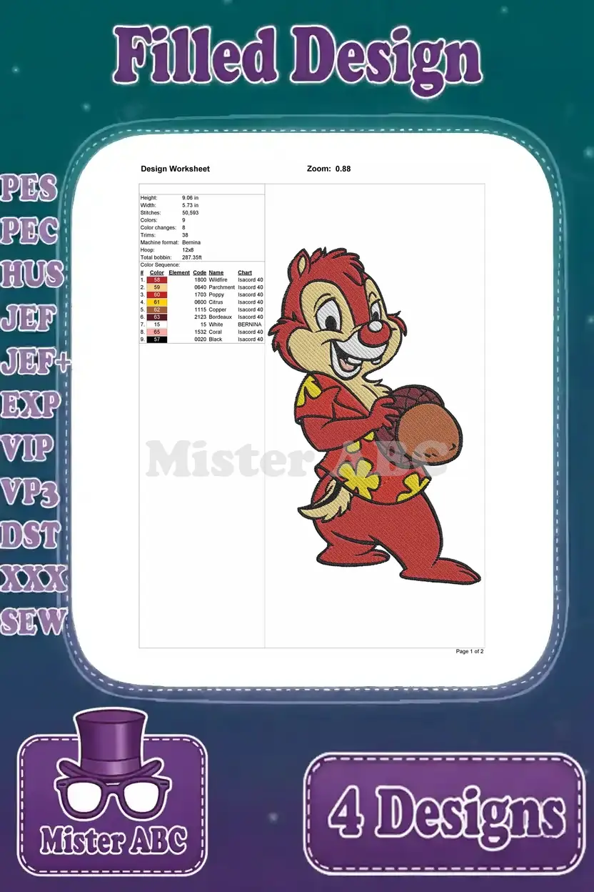 Detailed design worksheet for Dale's acorn-holding embroidery design, showing dimensions, stitch count, and color sequence.