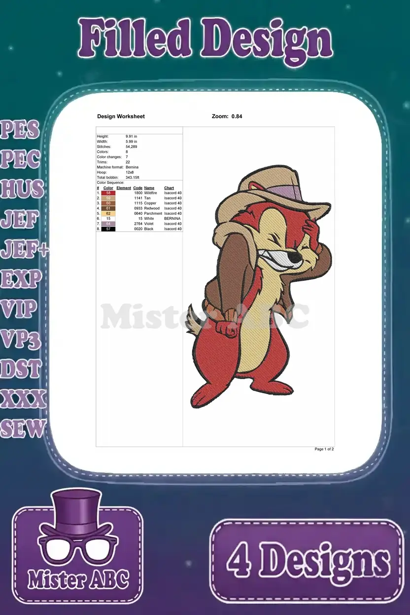 Detailed design worksheet for Dale's adventurer embroidery design, showing dimensions, stitch count, and color sequence.