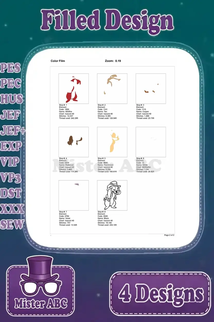 Color film sequence for Dale's adventurer embroidery design, illustrating the thread application order stitch by stitch.