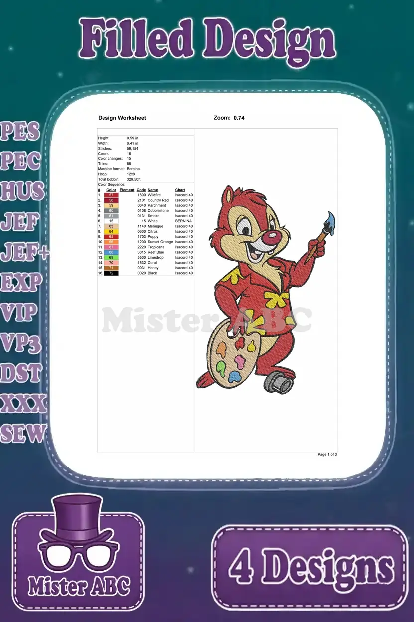 Detailed design worksheet for Dale's artist embroidery design, showing dimensions, stitch count, and color sequence.