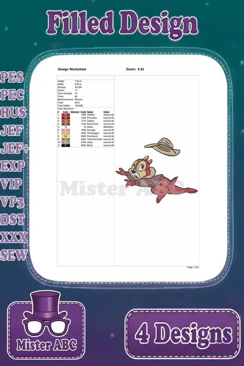 Detailed design worksheet for Dale's diving embroidery design, showing dimensions, stitch count, and color sequence.