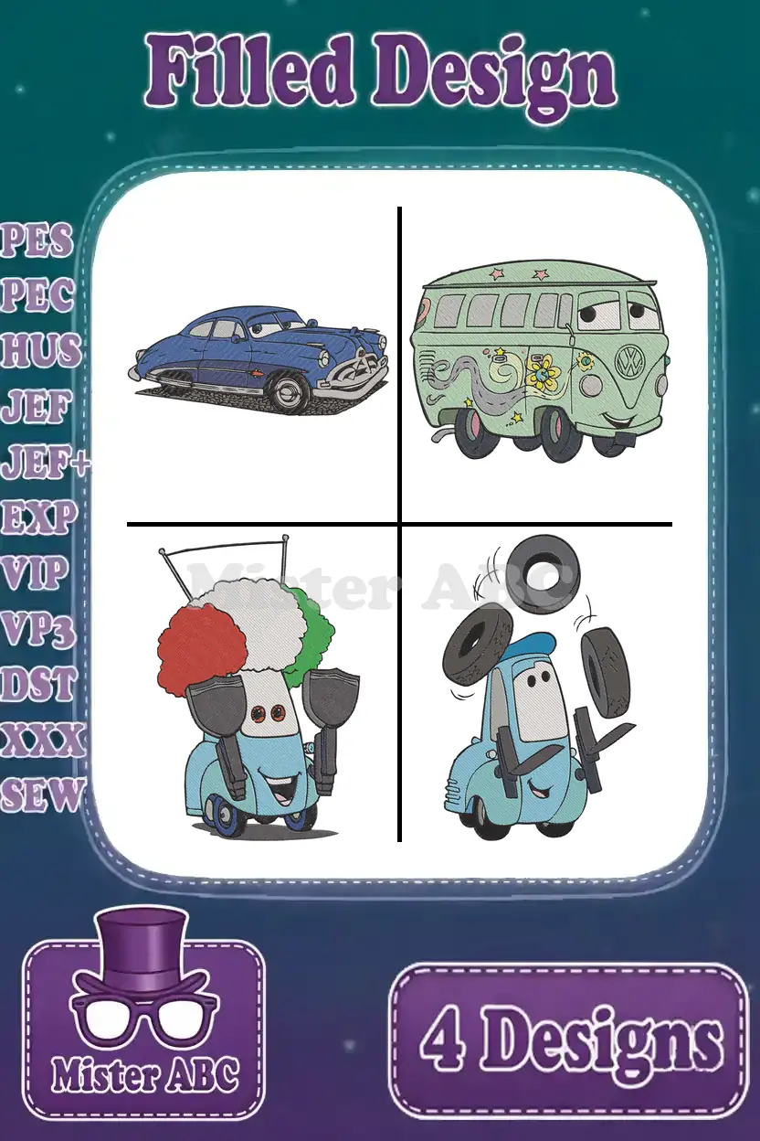 A vibrant grid of four filled embroidery designs: Doc Hudson, Fillmore, Guido, and Luigi from Cars, showcasing various available file formats.