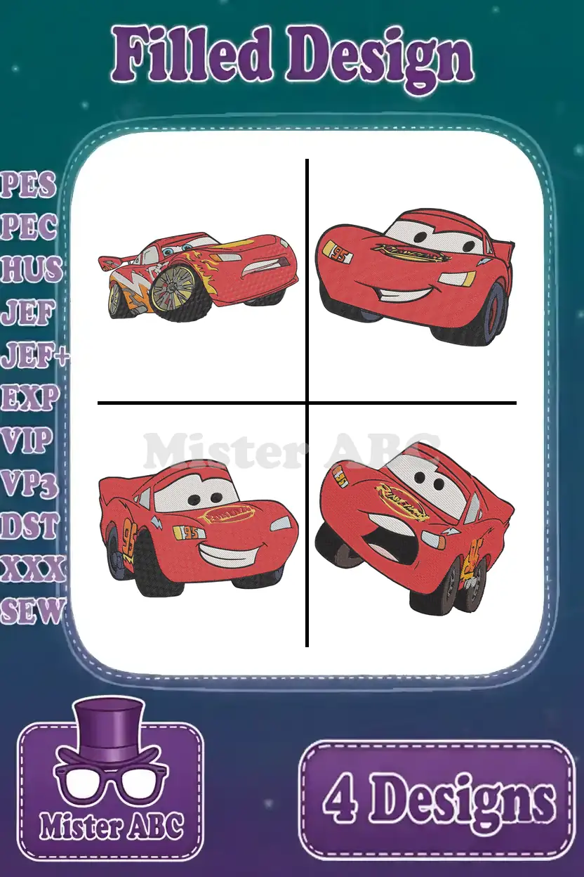 A vibrant image displaying four distinct filled embroidery designs of Lightning McQueen from Disney Pixar Cars, ready for stitching.