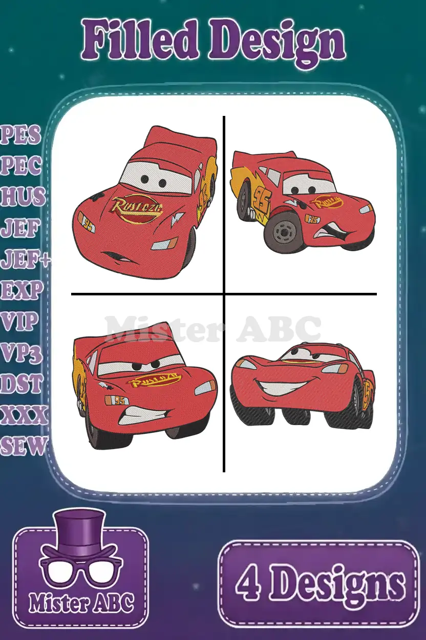 Four vibrant filled embroidery designs of Lightning McQueen from Disney Pixar's Cars, ready for your next project.