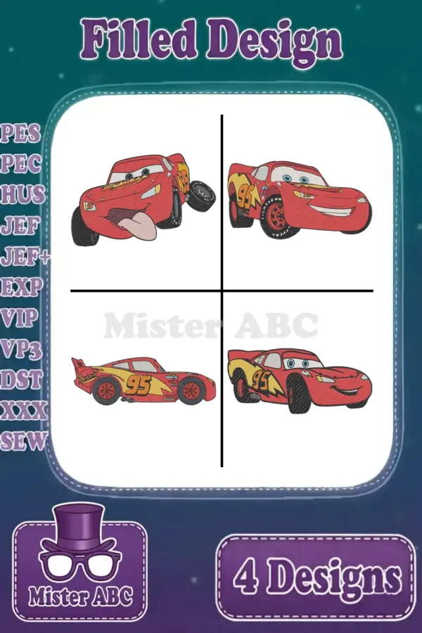 Main image displaying a bundle of four distinct Lightning McQueen filled embroidery designs, ready for various projects.