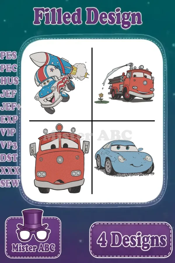 A vibrant collage of four filled embroidery designs: Rocket Mater, Red the fire truck, Mater the tow truck, and Sally Carrera.