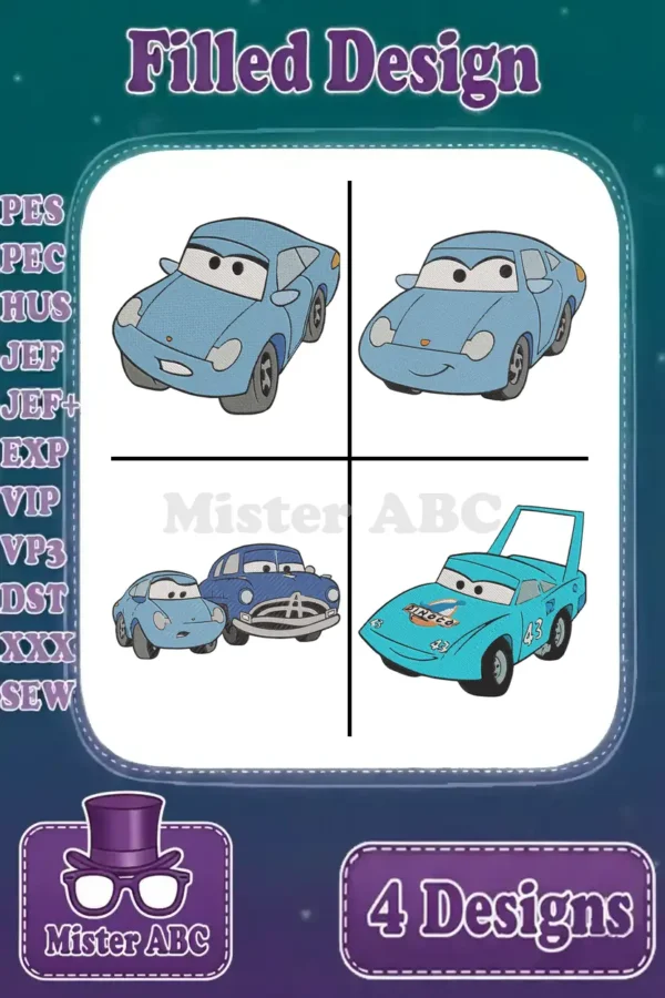 A vibrant collection of four filled machine embroidery designs featuring beloved Disney Pixar Cars characters like Sally, The King, and Doc Hudson.