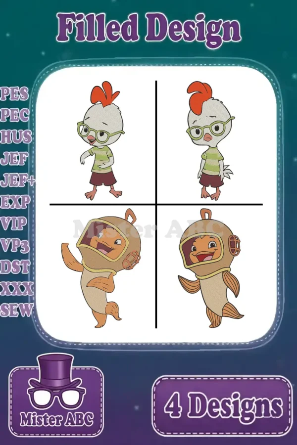 Four vibrant filled embroidery designs featuring two poses of Chicken Little and two poses of Gil from Bubble Guppies.