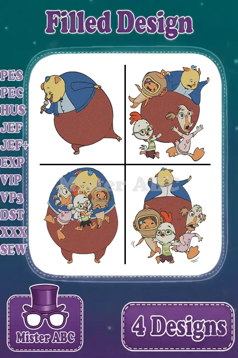A compilation of four vibrant Chicken Little filled embroidery designs, showcasing Foxy Loxy, Abby, Runt, and Chicken Little in various poses.