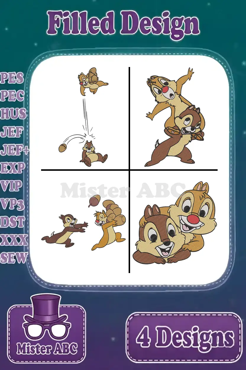 Main image displaying four vibrant, filled embroidery designs of Chip and Dale in distinct, playful poses, ideal for crafters.