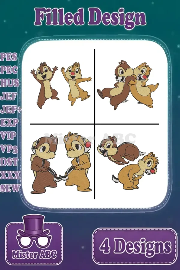 A grid of four vibrant Chip 'n Dale filled embroidery designs in playful poses, showcasing a versatile bundle.