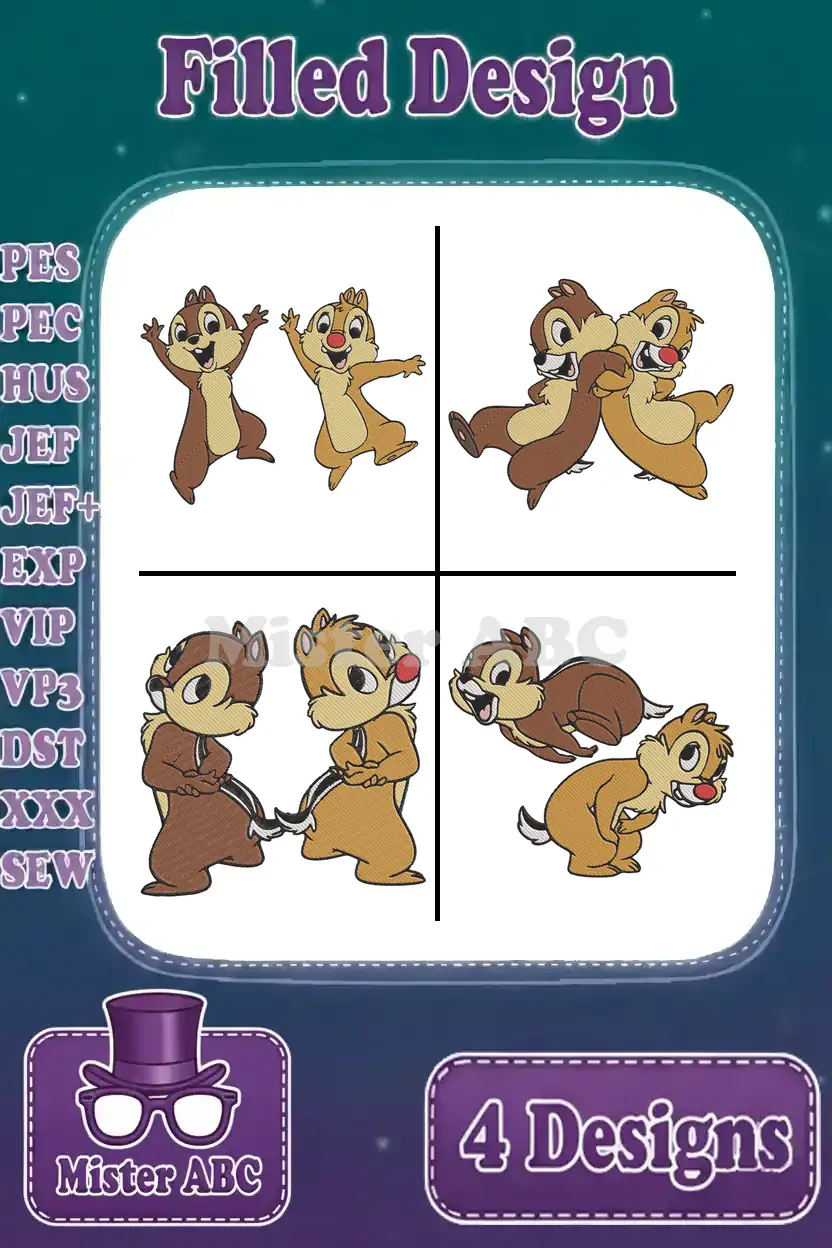 A grid of four vibrant Chip 'n Dale filled embroidery designs in playful poses, showcasing a versatile bundle.