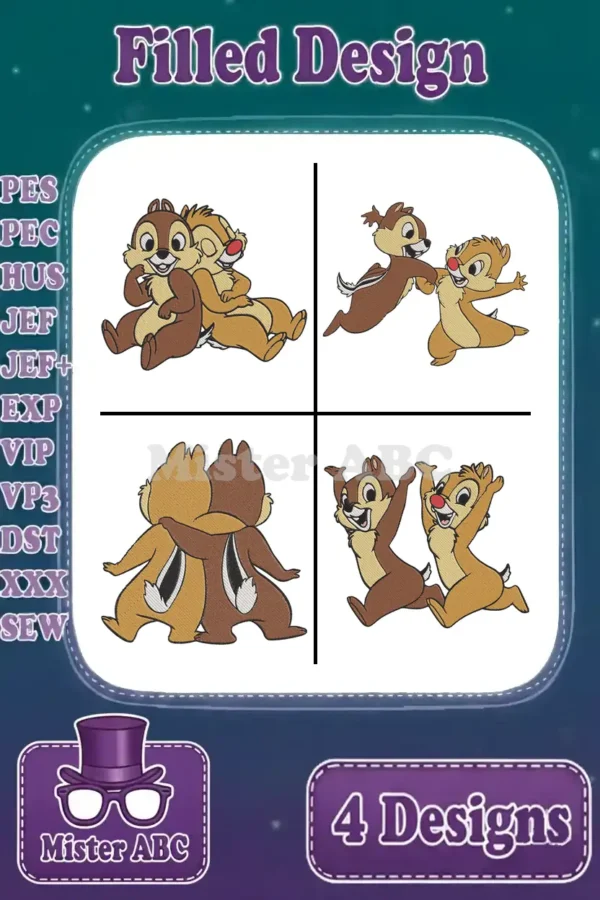 Main product image displaying a bundle of four distinct Chip and Dale filled embroidery designs, ready for your projects.