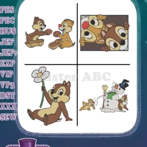 A vibrant illustration of four Chip 'n' Dale filled embroidery designs, ready for various machine formats.