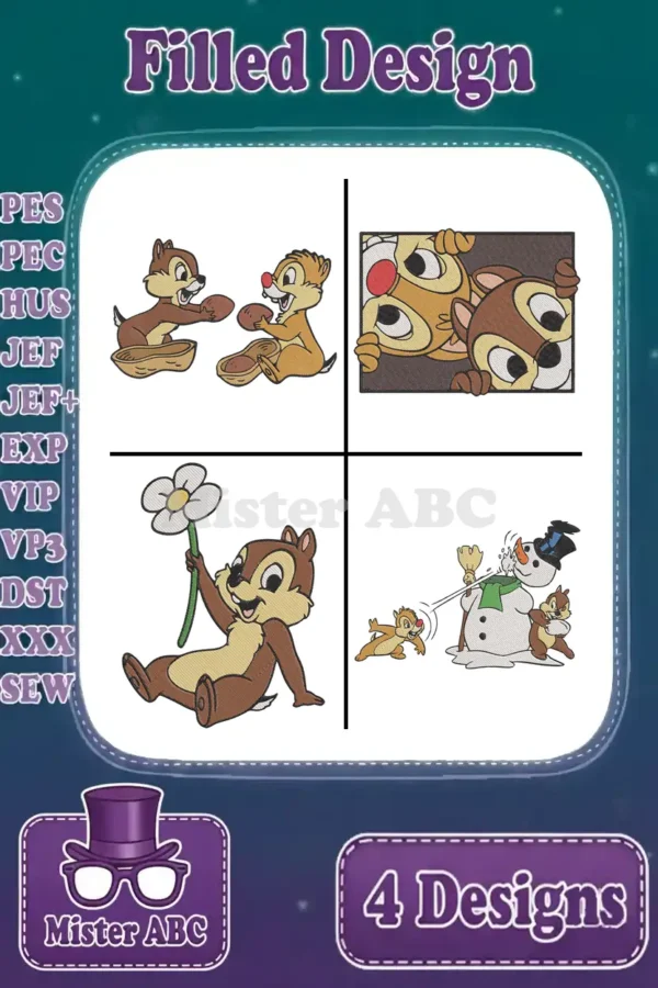 A vibrant illustration of four Chip 'n' Dale filled embroidery designs, ready for various machine formats.