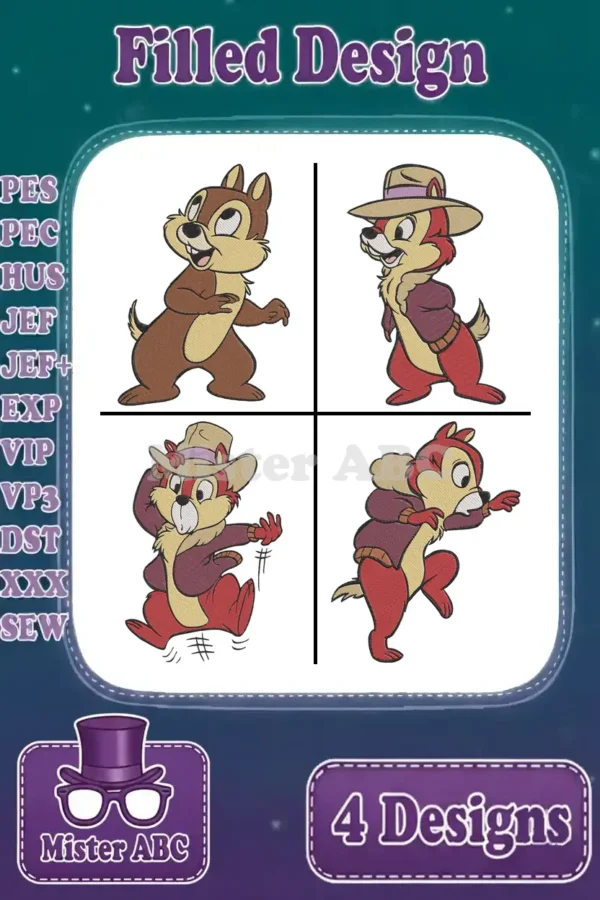 A vibrant main product image displaying four distinct filled embroidery designs of Chip and Dale, showcasing various poses and styles. Perfect for Disney enthusiasts and crafters.