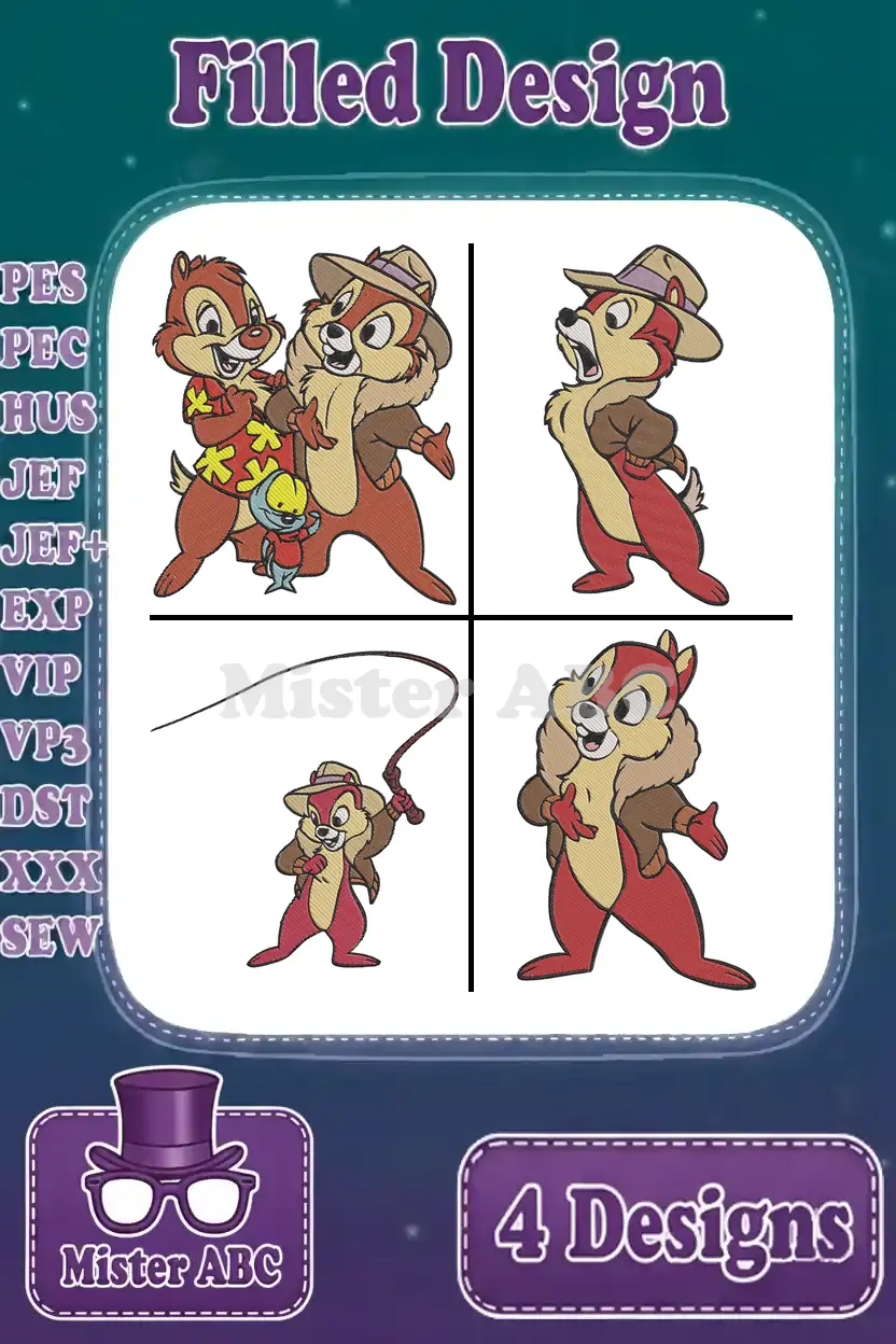 A vibrant collection of four filled embroidery designs featuring Disney's Chip and Dale in various playful poses, perfect for fans.