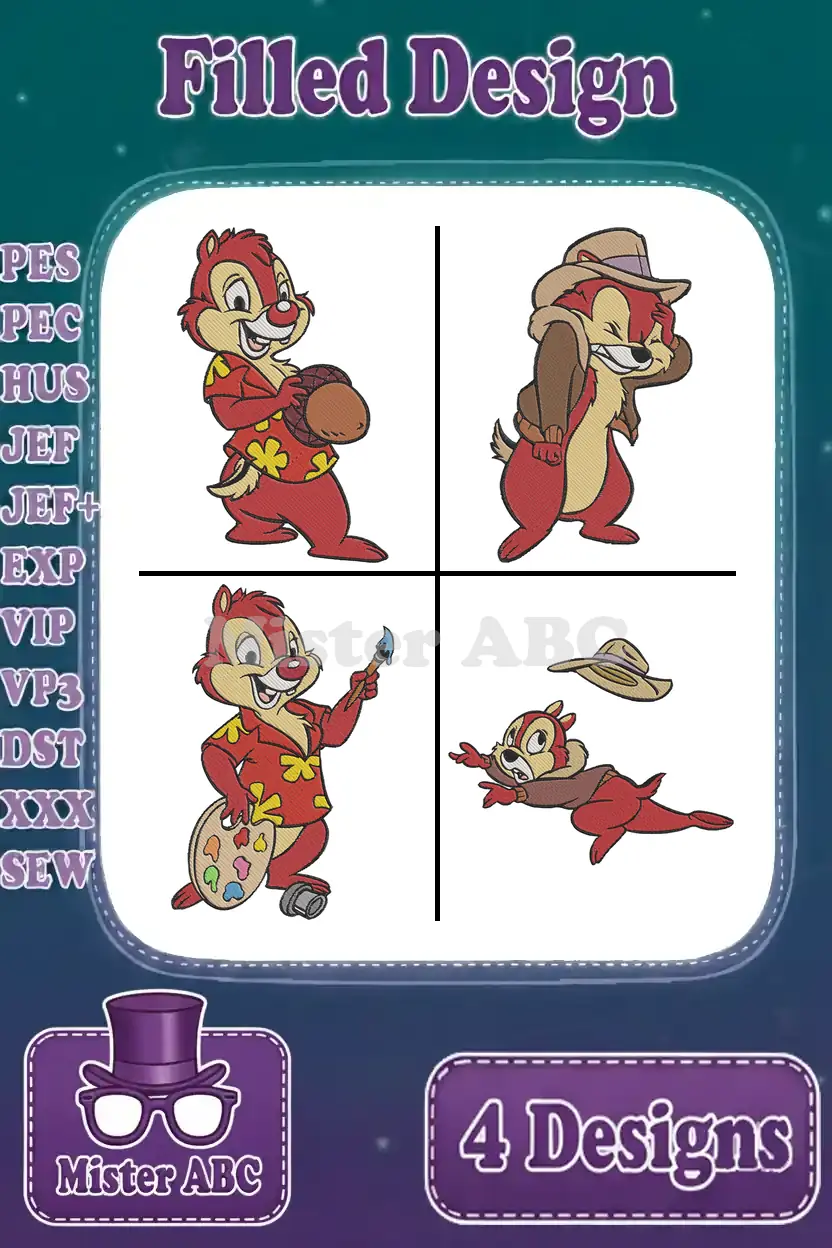 Four vibrant filled embroidery designs of Dale from Chip 'n Dale, including acorn, adventurer, artist, and diving poses.
